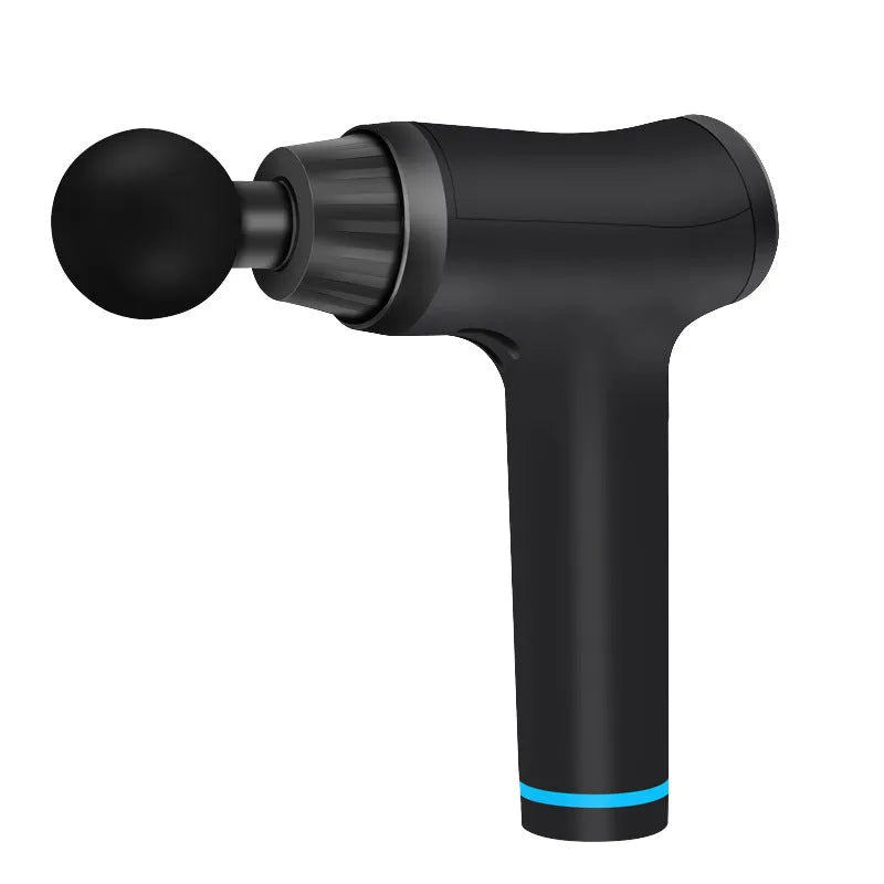 Black fascia gun physiotherapy instrument with 4 massage heads, 30 speed settings, compact 22cm design.