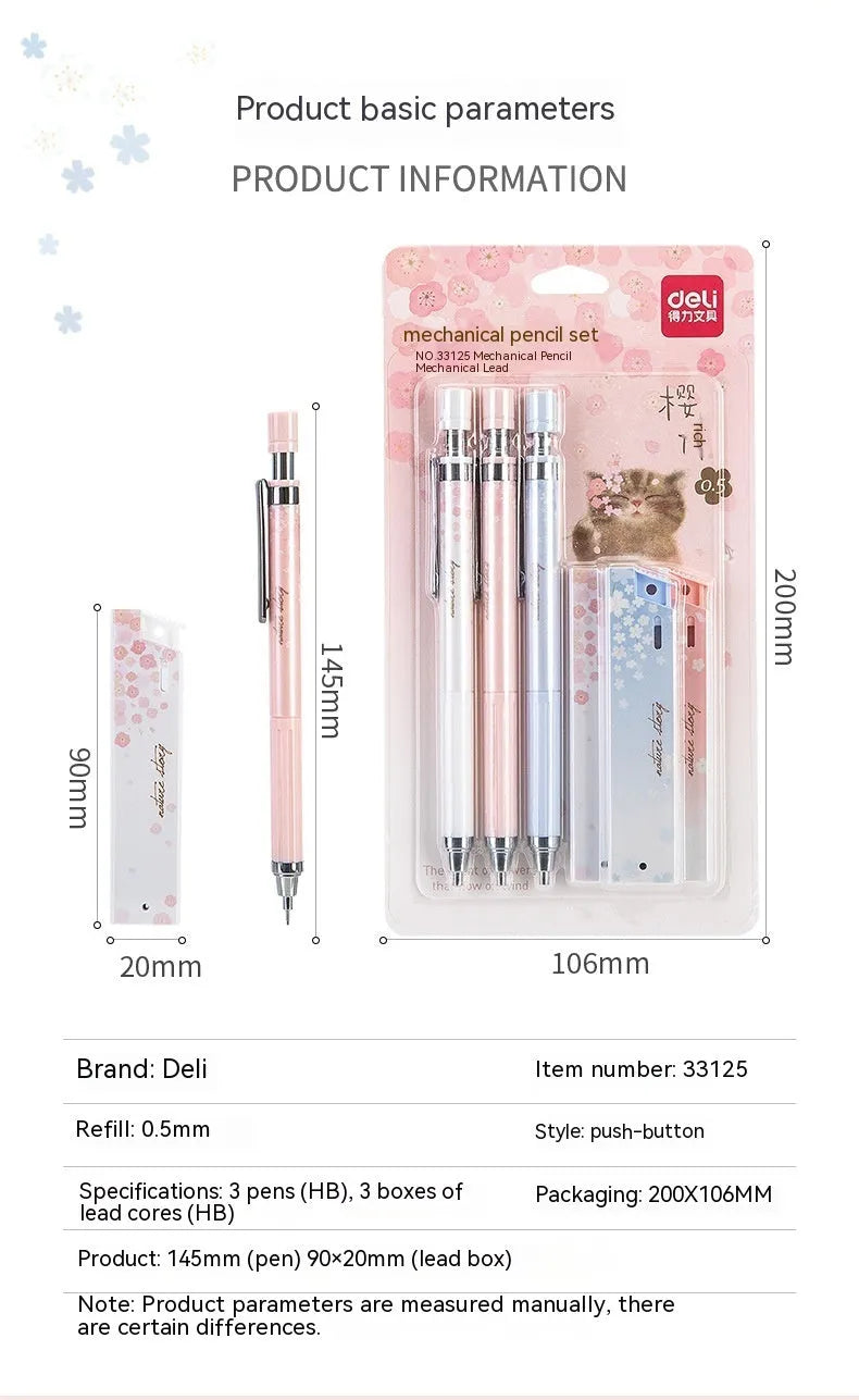 Mixed colour Sakura law pattern 0.5mm automatic pencil set with three pencils and three refill boxes.