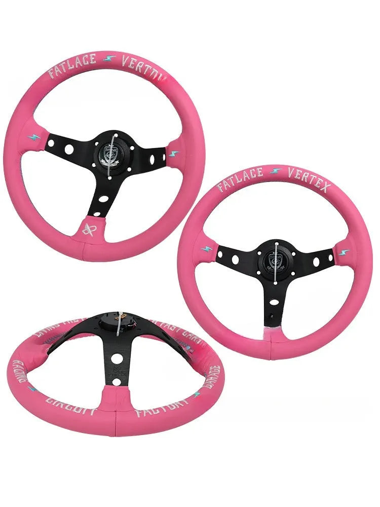 Pink leather steering wheel cover with embroidery, showing integrated aluminium alloy bracket.