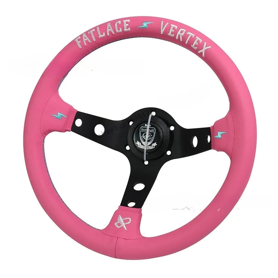 Pink leather steering wheel cover with embroidery, showing integrated aluminium alloy bracket.
