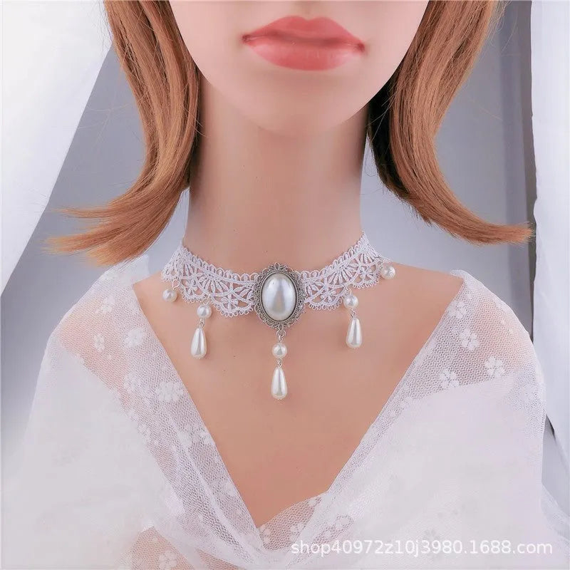 Multi-layer crystal lace necklace with alloy geometric pendant on snake bones chain in black colour