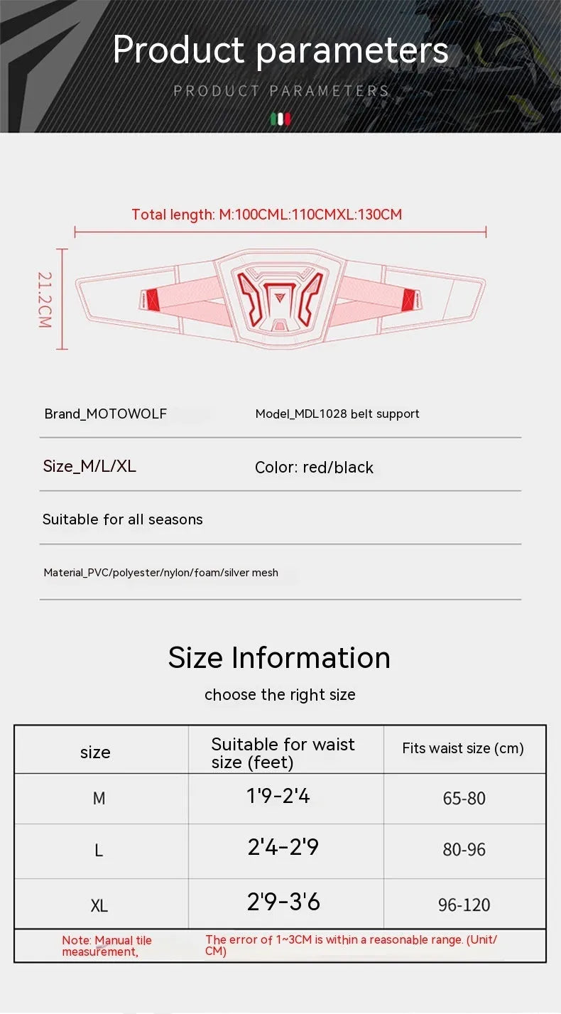 MDL1028 motorcycle waist support band in black and red colours showing M, L, XL sizing options