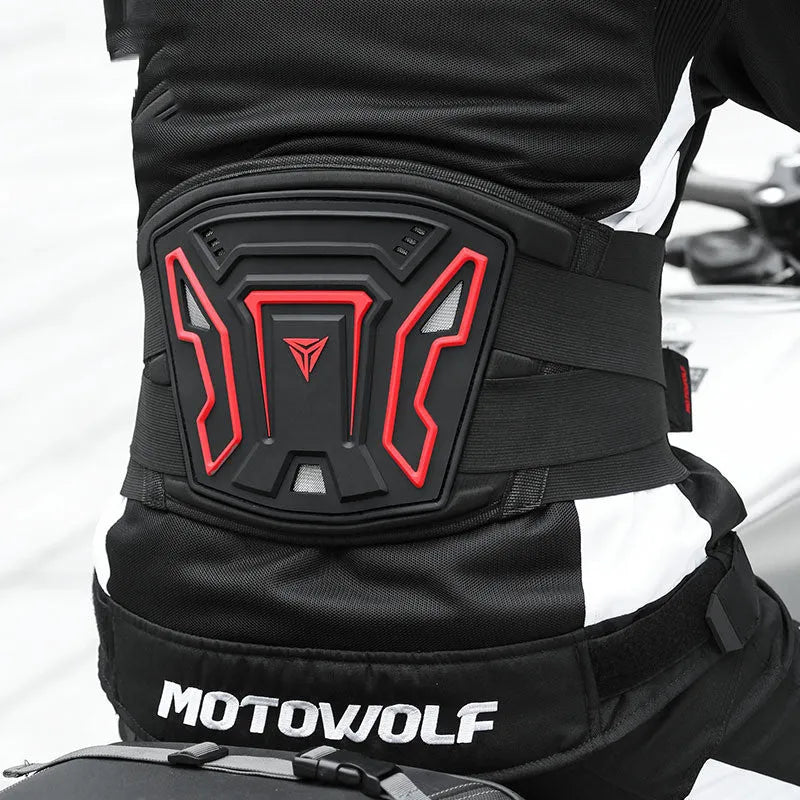 MDL1028 motorcycle waist support band in black and red colours showing M, L, XL sizing options