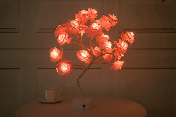 White and red PE cotton rose flower LED table lamp with bonsai tree base, powered by battery or USB.