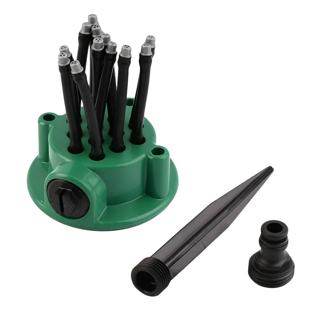 Green adjustable lawn sprinkler with flexible watering noodles on a 9cm base.