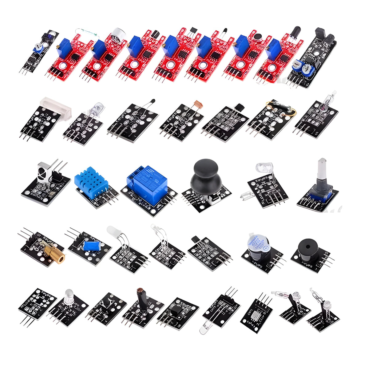 37 in 1 and 45 in 1 Arduino sensor module kit with assorted electronic components on a white background