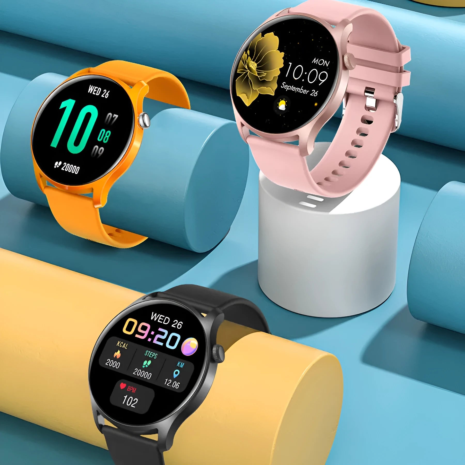 Smart watch with colour screen displaying heart rate reading on silicone wristband