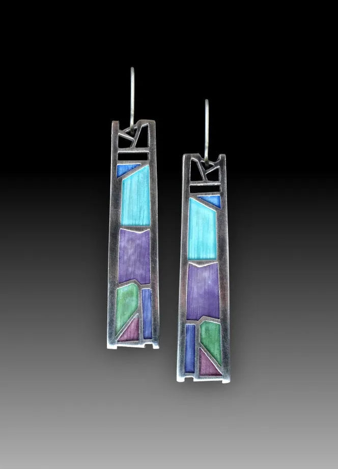 Silver water drop shaped women's earrings with irregular oil colour texture