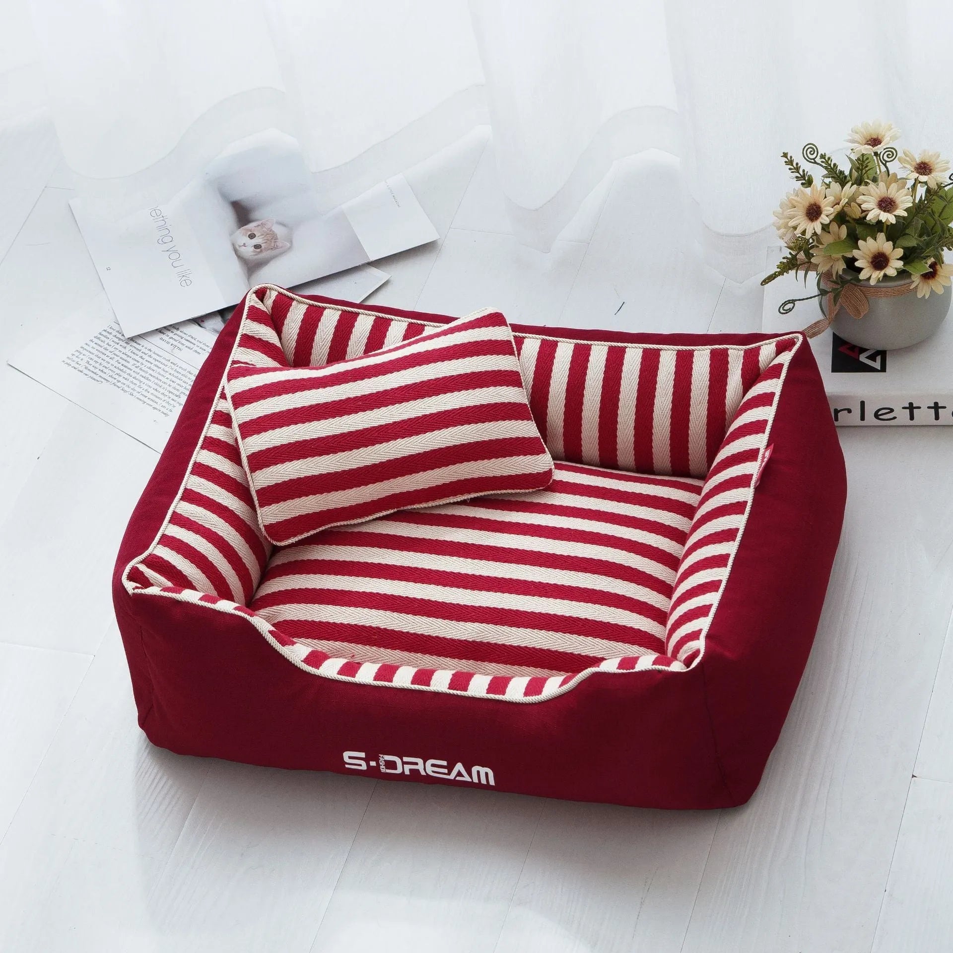 Navy stripe dog kennel mat with matching fabric pillow in blue or red colour options