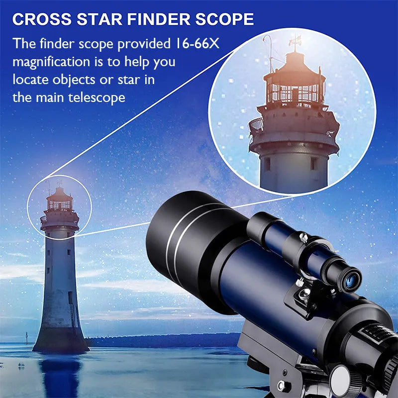 Dark blue 70mm refractor telescope on aluminium tripod with finder scope and two eyepieces