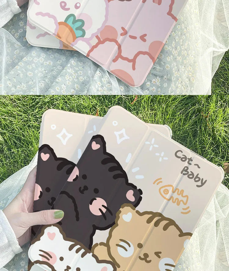 Silicone tri-fold protective iPad case in a cartoon rabbit design lying flat.