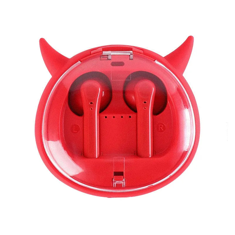 Red TWS wireless Bluetooth headset with in-ear design showing compact size