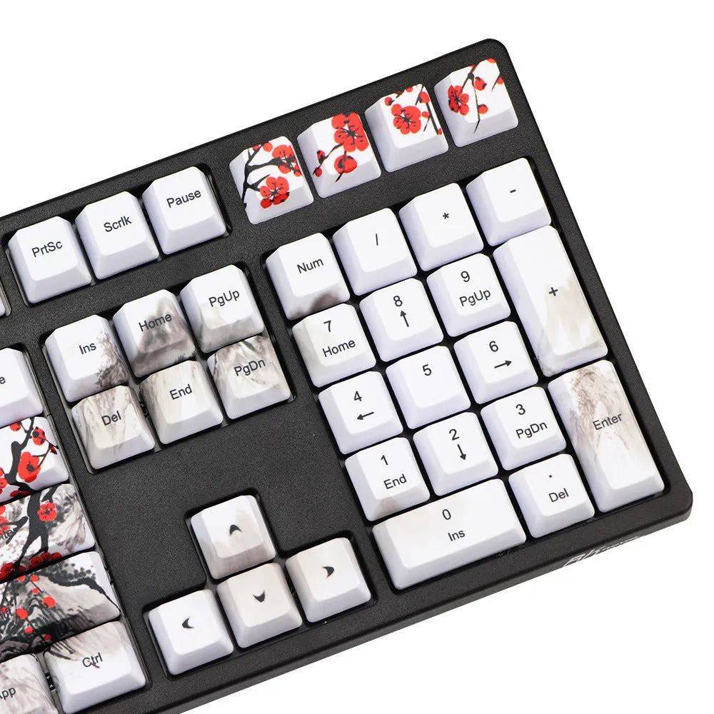 PBT Wangjiang plum blossom design keycap set for mechanical keyboards, showing Korean and Japanese legends.