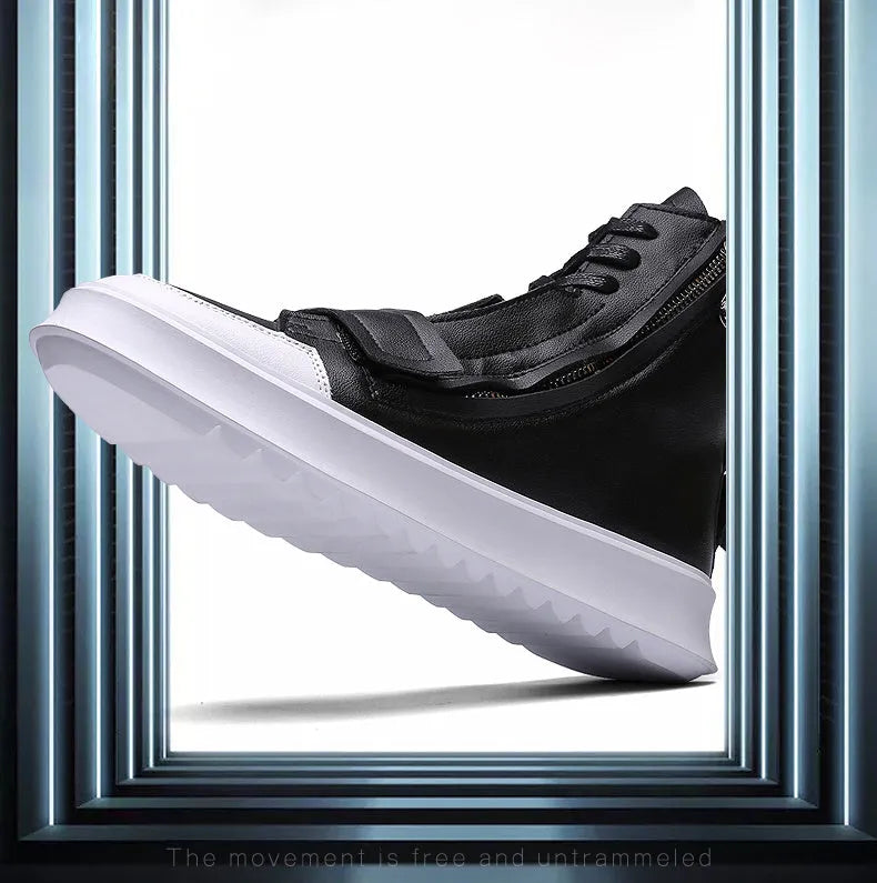 Men's black PU leather ankle boot in high-top sneaker style for winter.