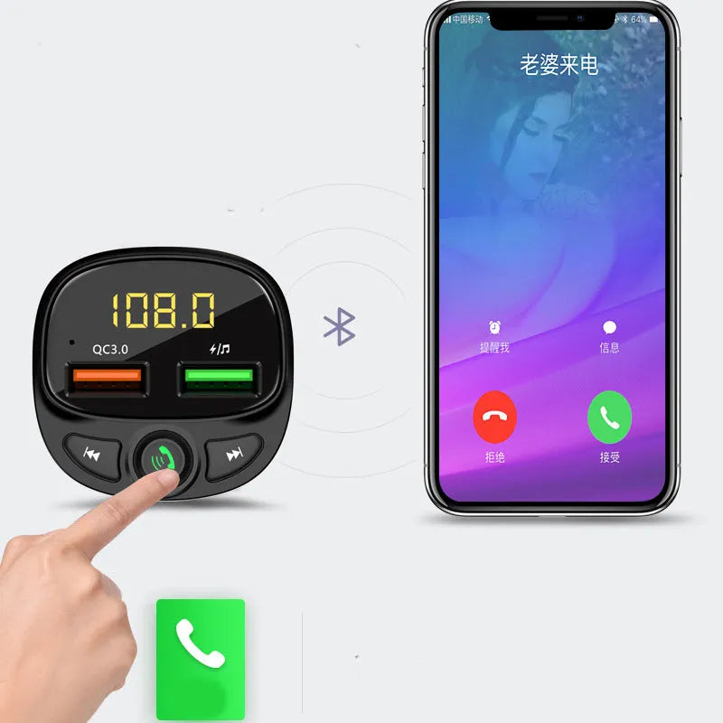 Compact car MP3 player with Bluetooth FM transmitter and Quick Charge 3.0 USB port for hands-free calling and music streaming