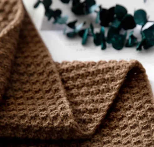Nordic fringed knit ball blanket in acrylic measuring 130×170cm in beige colour