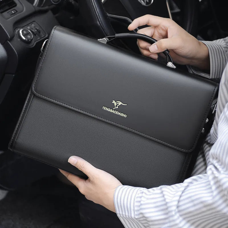 Men's horizontal PU leather waterproof briefcase in black, designed for business commute