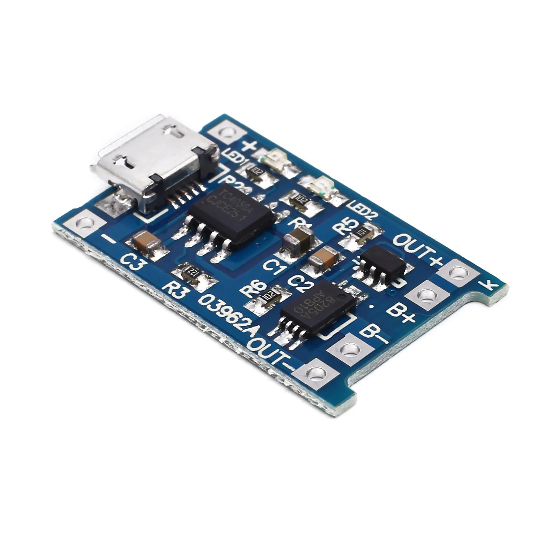 Small blue PCB for lithium battery charging and protection, showing component layout.
