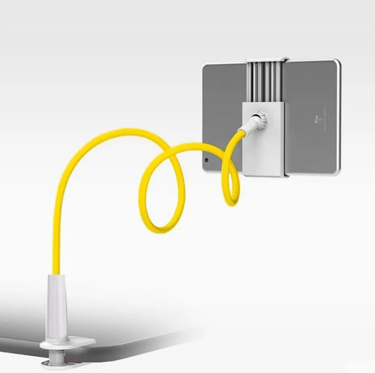 Bedside long-arm mobile phone holder in aluminium alloy and plastic on a table.