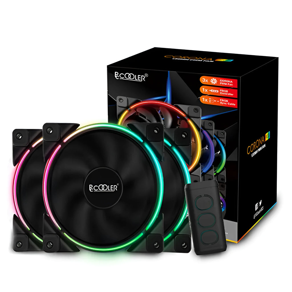 Three black 120mm RGB computer case fans with illuminated blades