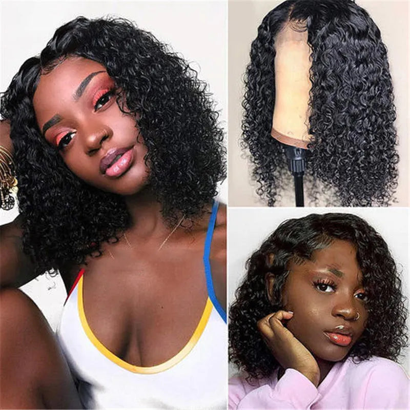 BOB Kinky Curly real hair wig for ladies, short black colour with Qi bangs, 150% density
