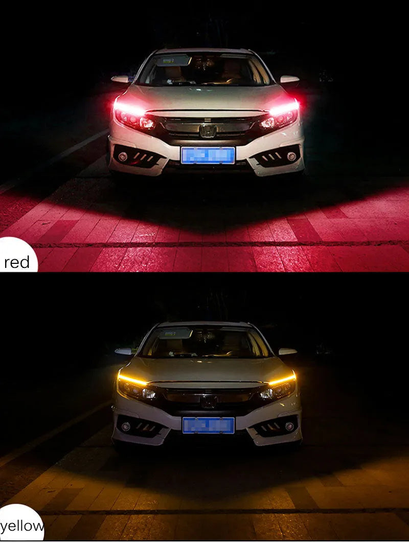 Flexible silicone LED strip light for car daytime running lights and animated turn signals.