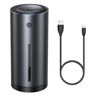 Black aluminium alloy car diffuser humidifier with USB cable for air purification.
