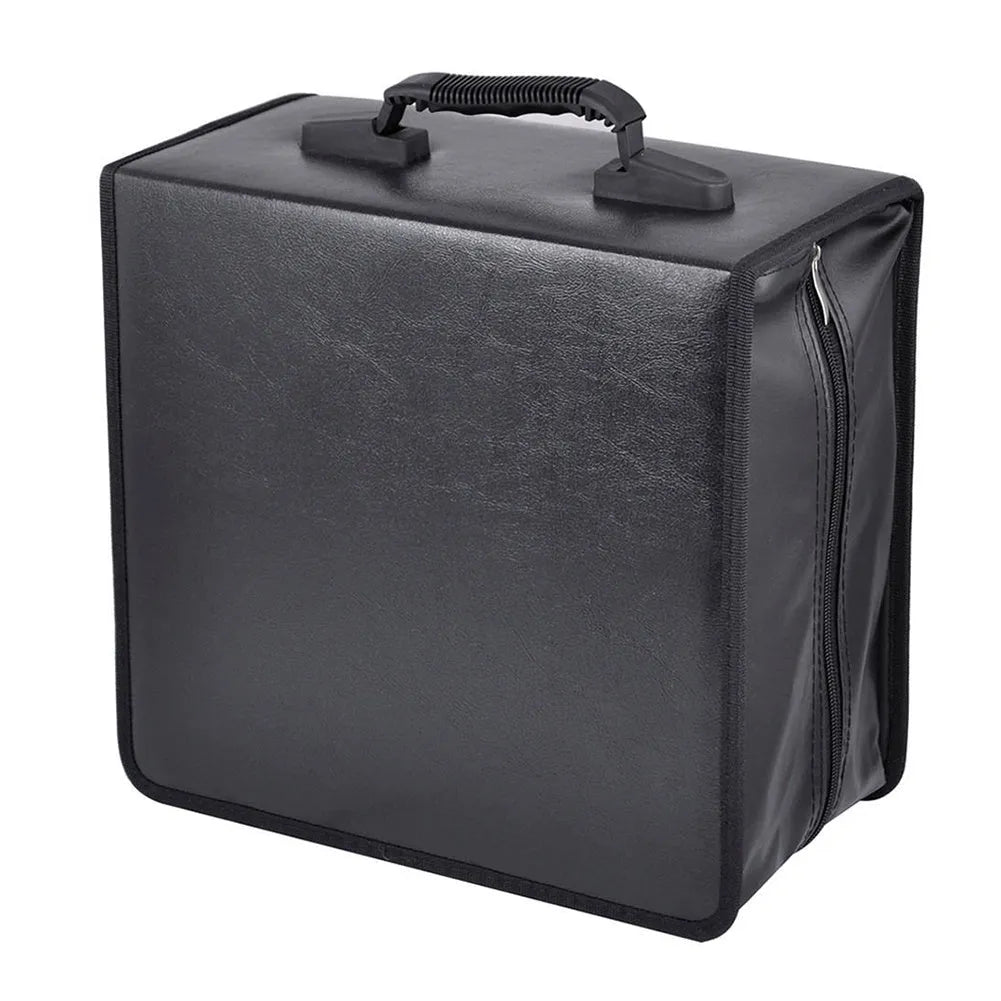 Black Oxford fabric CD storage organiser with a hand strap and zipper, showing capacity for hundreds of discs.