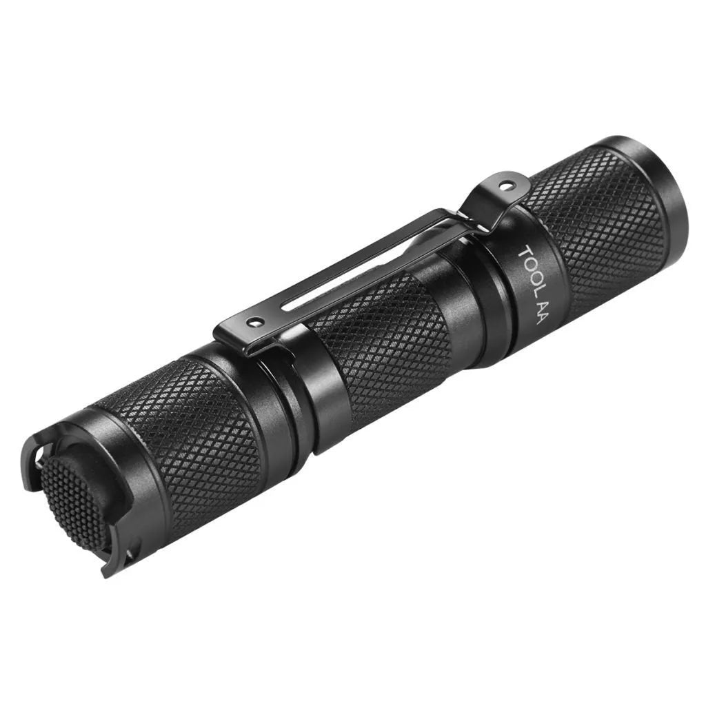 Lumintop Tool AA 2.0 black aluminium torch with keychain, shown next to included 14500 battery and diffuser.