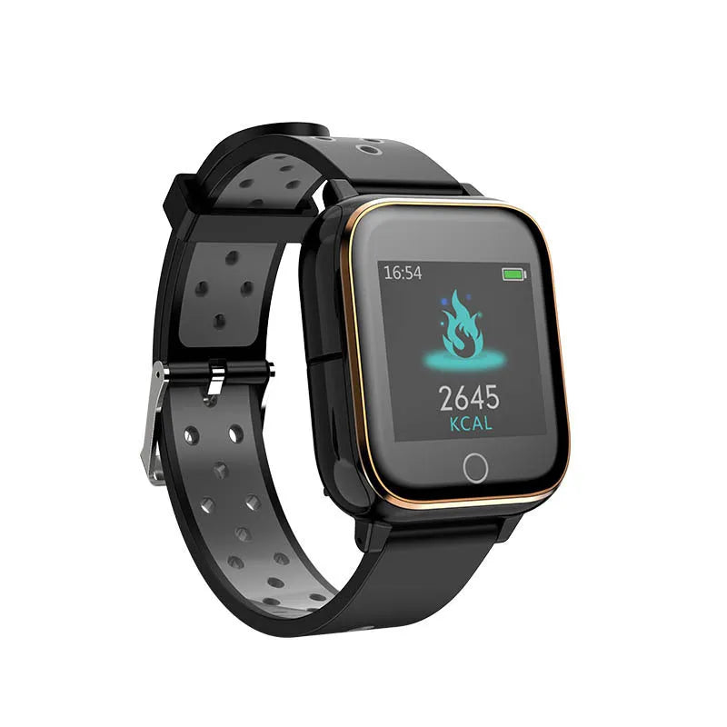 Black smartwatch with integrated Bluetooth earbuds stored in the wristband, showing a heart rate reading on its screen.