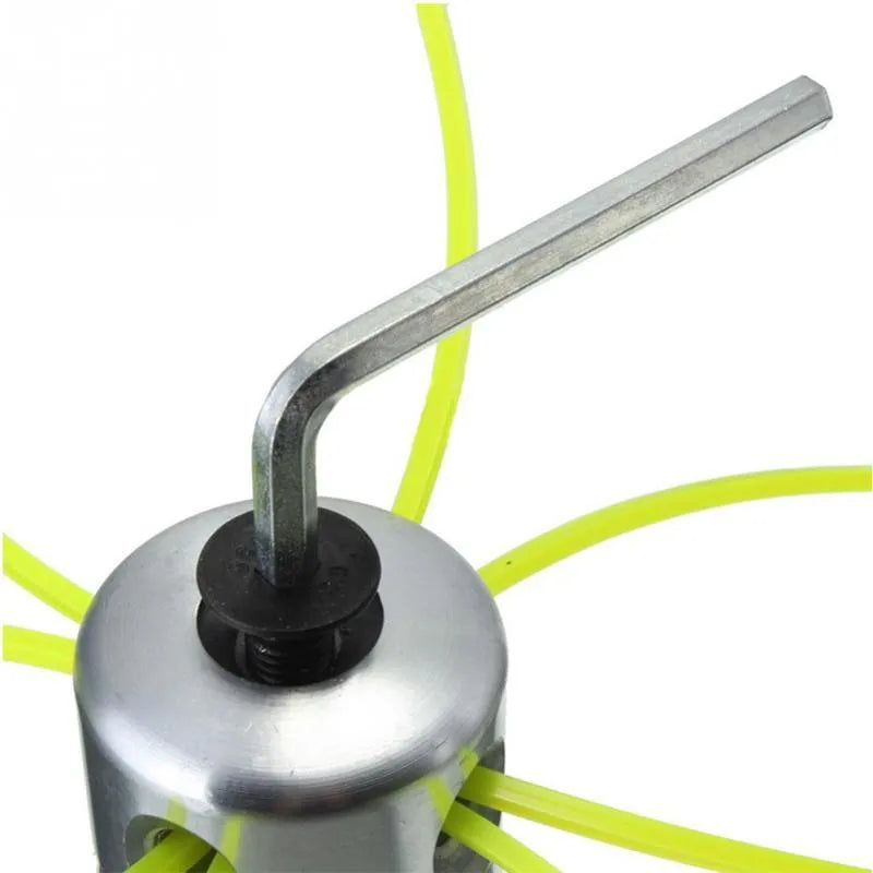 Silver aluminium lawn mower grass replacement head with four light yellow square cords, a wrench, and a gasket.