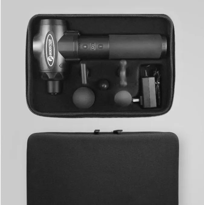 Black and white portable massage gun for deep tissue muscle relaxation