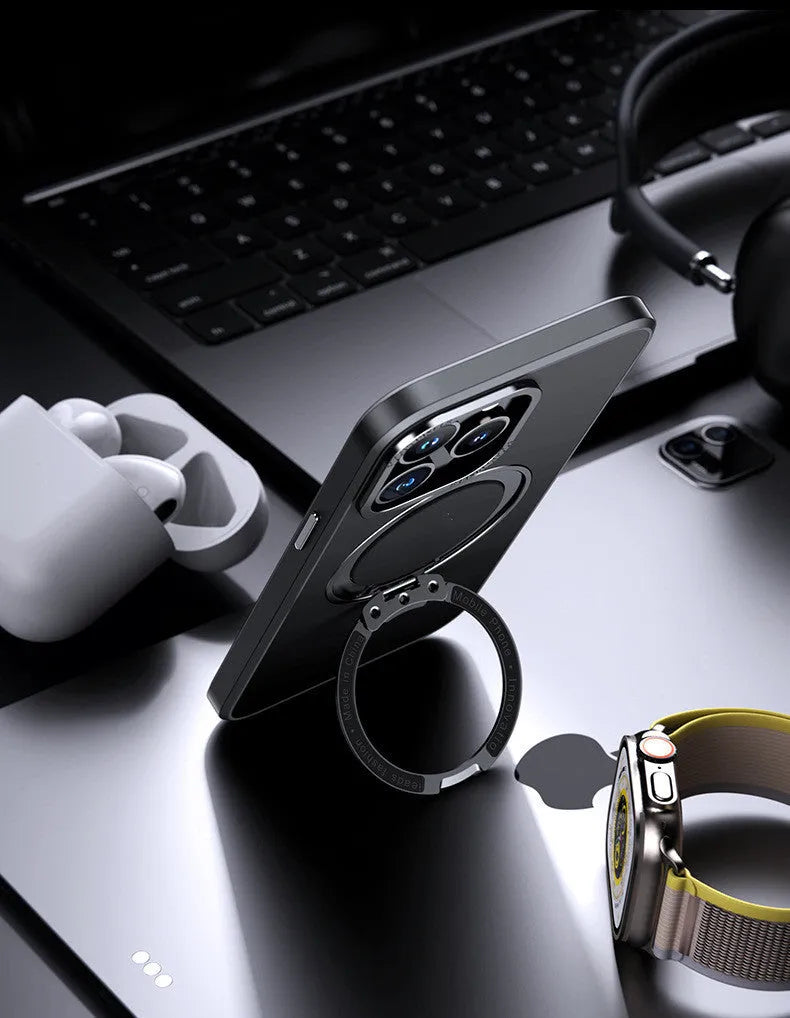 Transparent magnetic iPhone case with aluminium bracket shown on an iPhone 15.