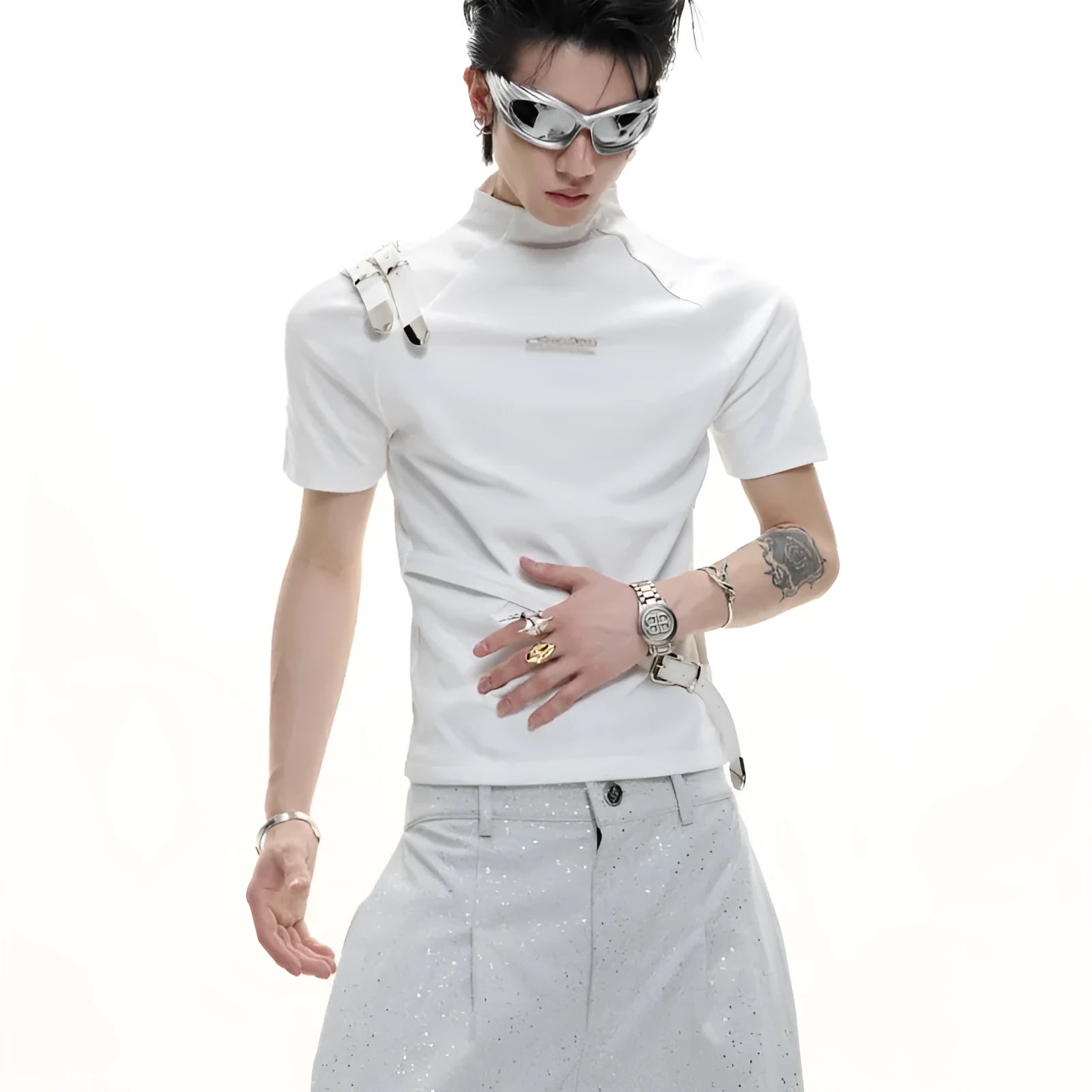 Men's slim fit black cotton T-shirt with a metal belt design on the front.