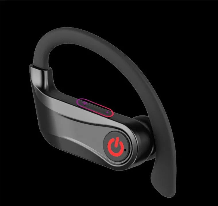 Black wireless Bluetooth in-ear headset with two earbuds on a white background.