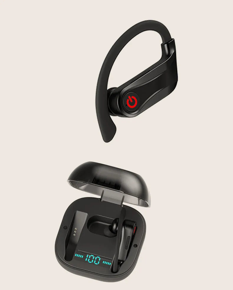 Black wireless Bluetooth in-ear headset with two earbuds on a white background.