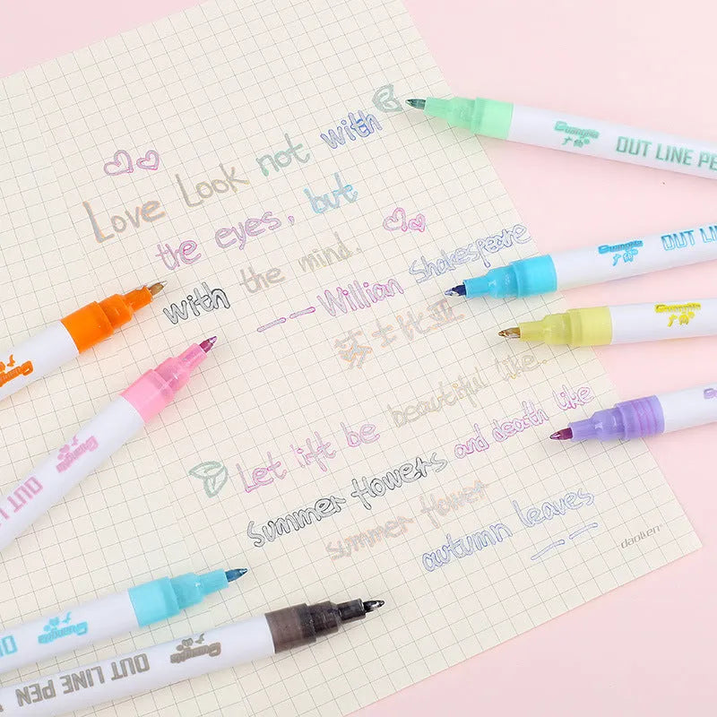 Set of highlighter pens with plastic barrels showing a range of colours, detail of 1mm-2mm nib tip.