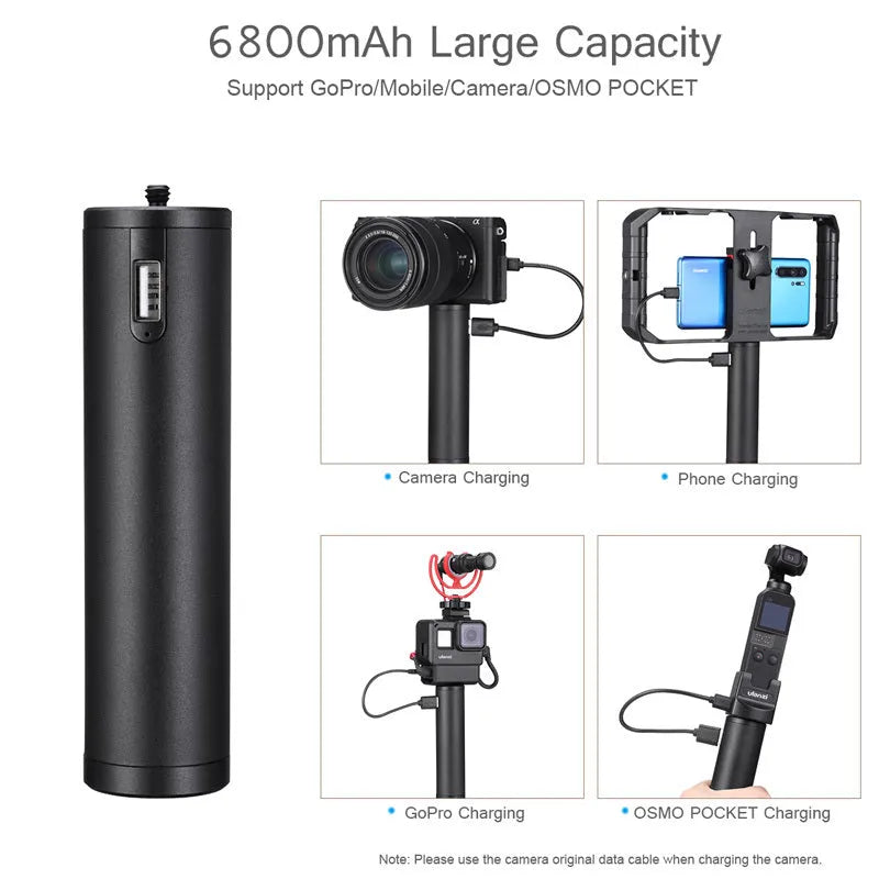 Black aluminium alloy portable power bank charging handle with integrated carry handle.