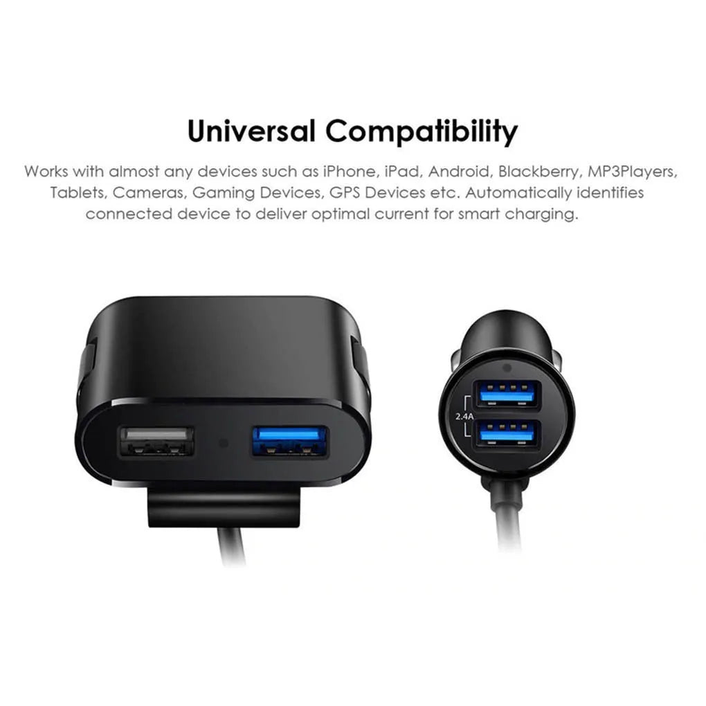 Fast charge car charger in black with blue LED light and white LED on extender