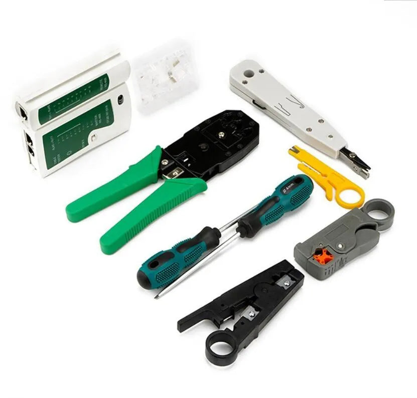 Network toolkit combination set in tool bag with crimping pliers, tester, knives, screwdrivers and RJ45 crystal heads