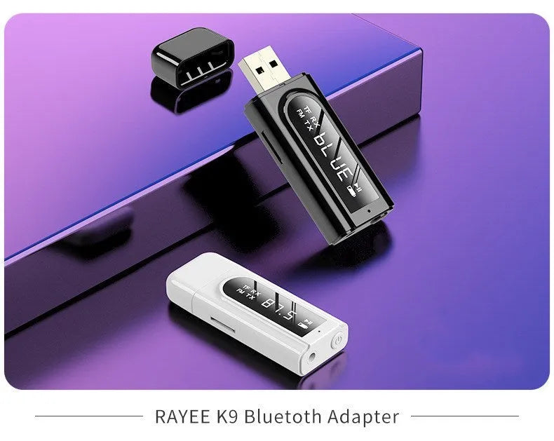 Black USB car FM Bluetooth receiver for wireless music playback and hands-free calls.