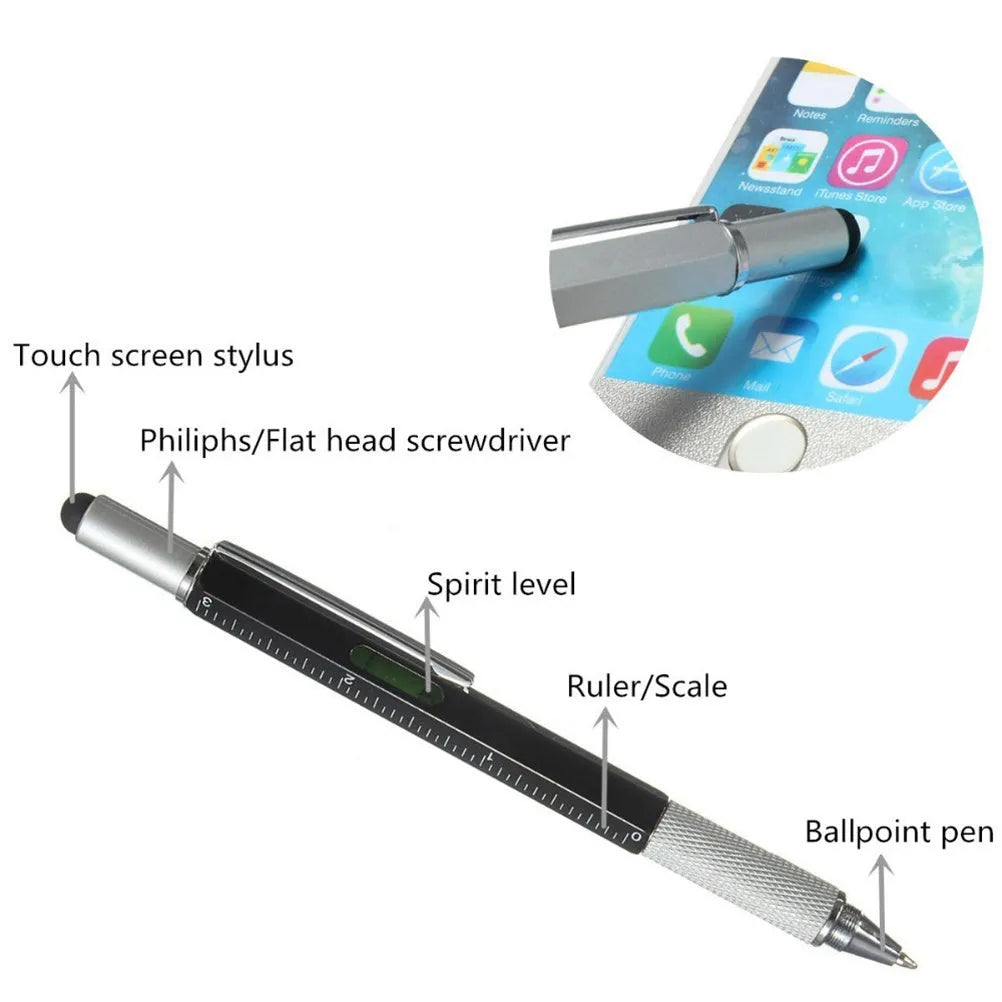Black 6 in 1 multi-function touch screen stylus ballpoint pen with spirit level and screwdriver tips on white background