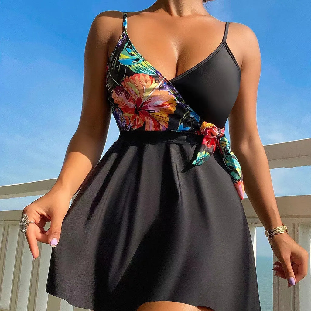 Black women's high waist bikini briefs with printed split design for swimming and sports