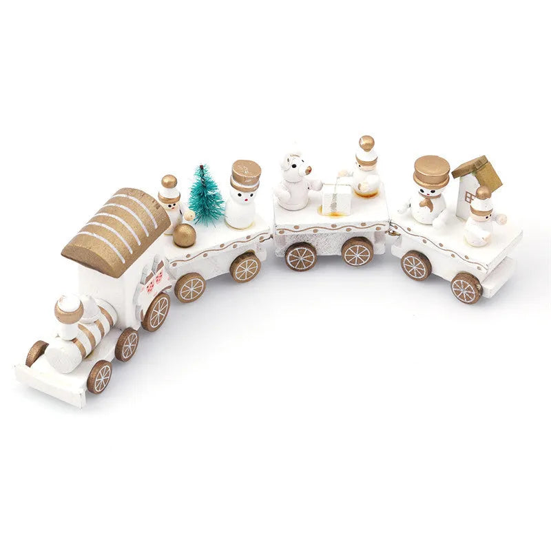 Set of four mini wood train toys in red white and green with painted passengers for shelf display