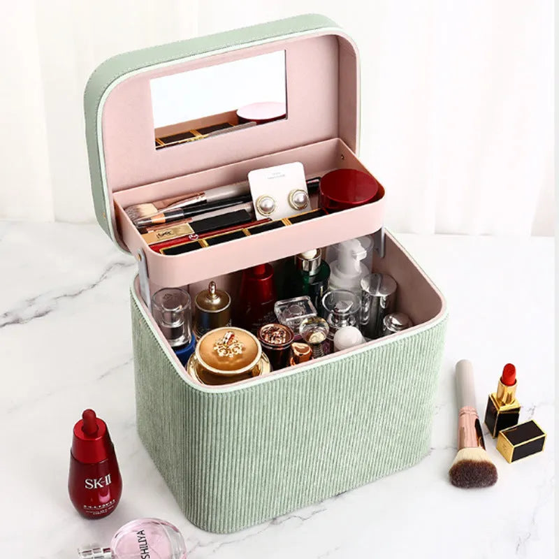 Corduroy fabric cosmetic storage box in solid colour with large capacity for makeup organisation
