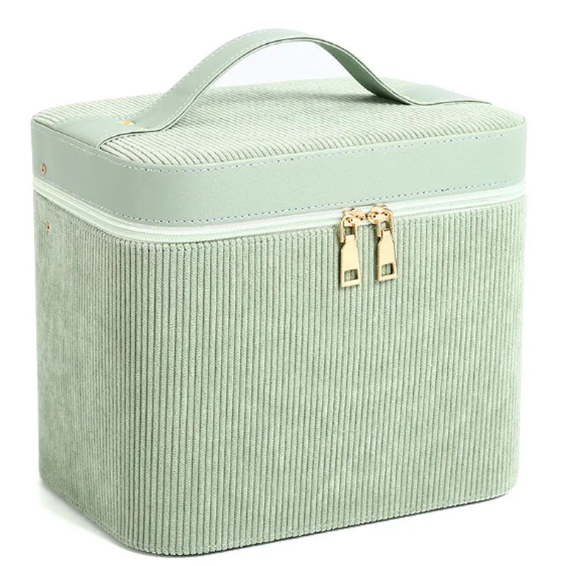 Corduroy fabric cosmetic storage box in solid colour with large capacity for makeup organisation