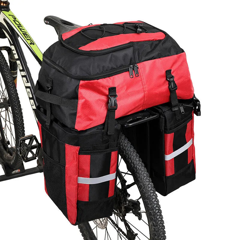 70 litre capacity blue polyester bicycle rear storage frame bag for long-distance touring.