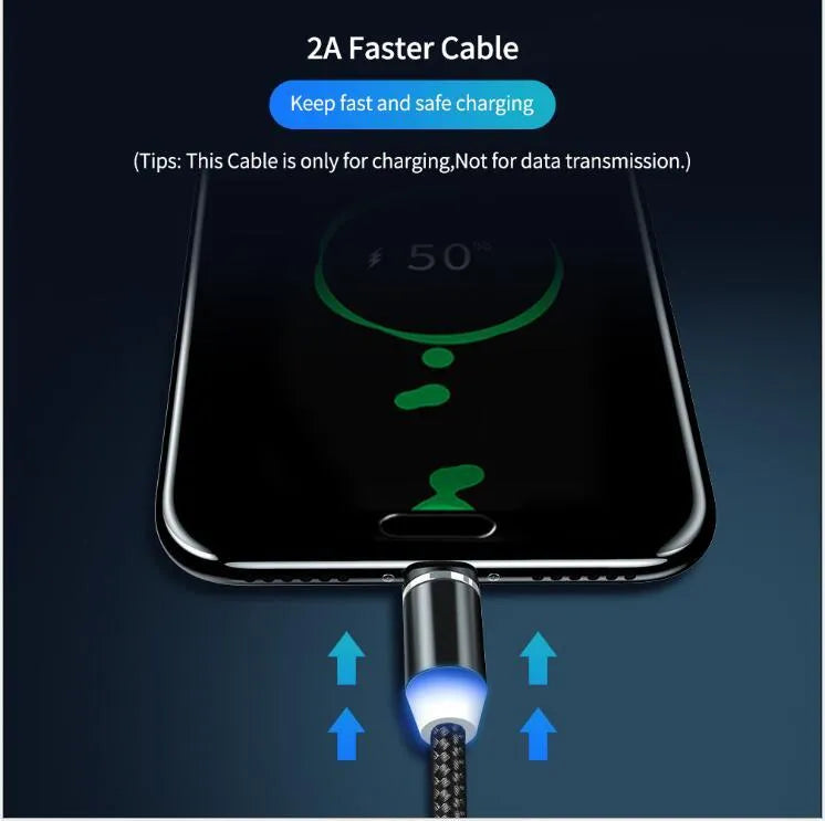 YBD black braided magnetic charging cable with LED light and aluminium shell for iPhone and Android.