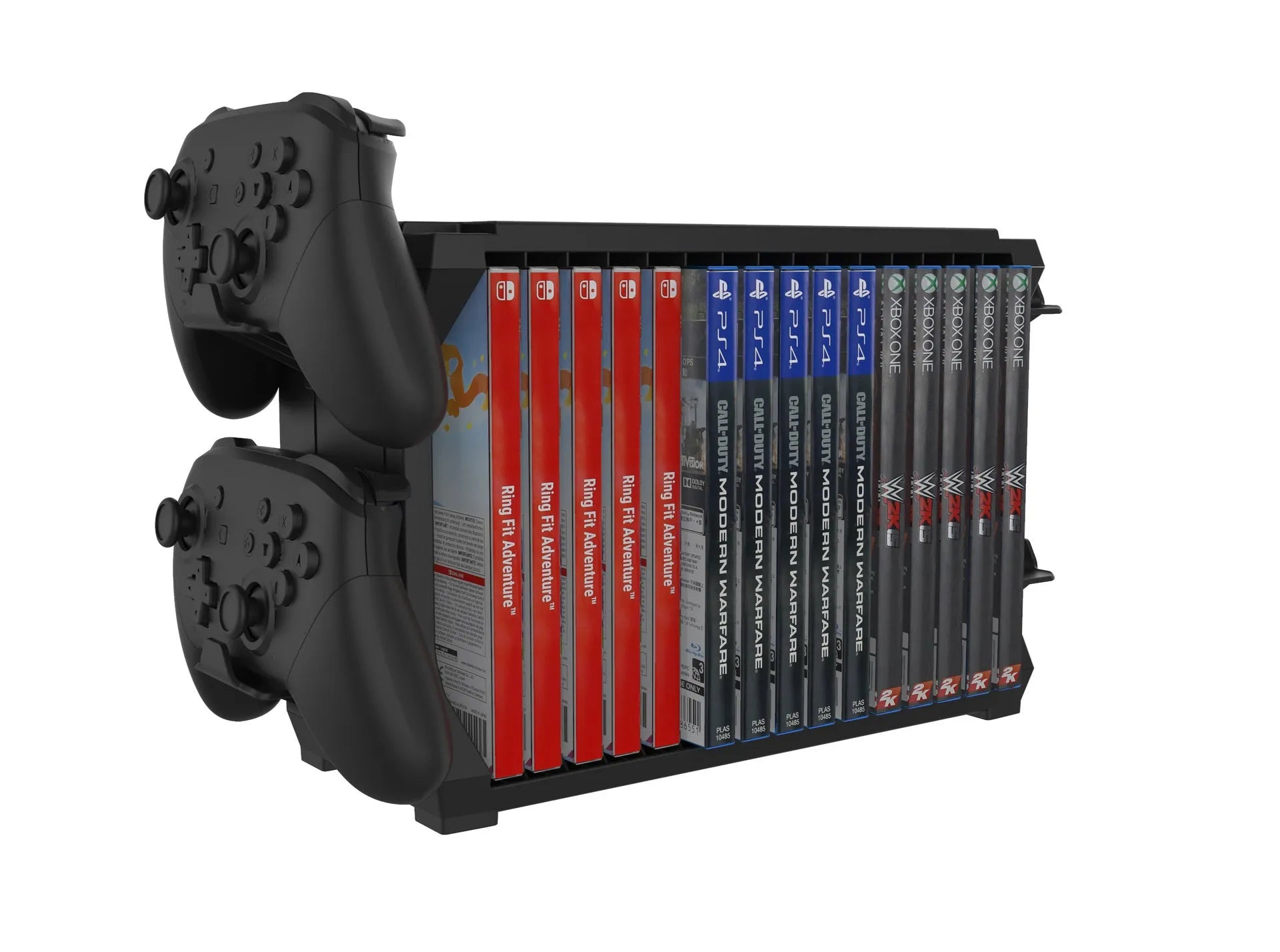 Black PS5 and Xbox Series X disc stand with slots for game cases and four controller handles.