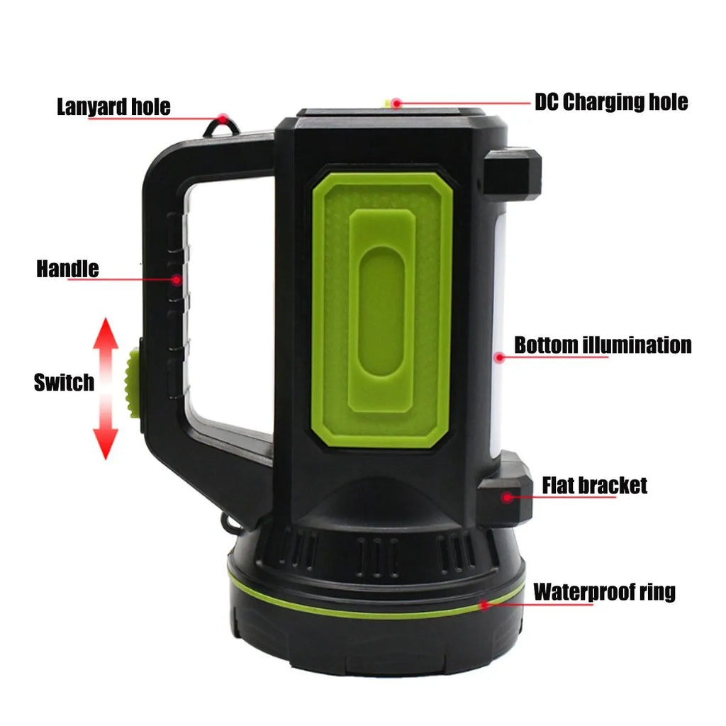 Green USB-rechargeable super bright LED flashlight with dual-mode function as torch or table light.